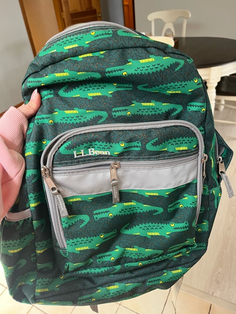 L.L. Bean Green Alligator Pattern Backpack with Gray Trim